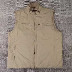 Perry Ellis Puffer Vest Mens XL Tan Good Full Zip Quilted Mock Neck Pockets